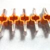 Overmolded copper busbar connector featuring stacked copper conductors, flat metallic contact ends, and an orange insulating body. Designed for electrical connections in battery assemblies, with custom configurations for OEM integration. Overmolded copper busbar connector featuring stacked copper conductors, flat metallic contact ends, and an orange insulating body. Designed for electrical connections in battery assemblies, with custom configurations for OEM integration.