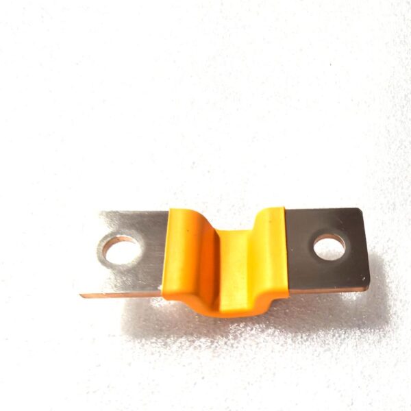 Overmolded copper busbar connector featuring stacked copper conductors, flat metallic contact ends, and an orange insulating body. Designed for electrical connections in battery assemblies, with custom configurations for OEM integration. Overmolded copper busbar connector featuring stacked copper conductors, flat metallic contact ends, and an orange insulating body. Designed for electrical connections in battery assemblies, with custom configurations for OEM integration.