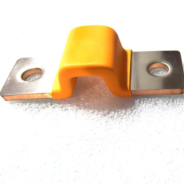 Overmolded copper busbar connector featuring stacked copper conductors, flat metallic contact ends, and an orange insulating body. Designed for electrical connections in battery assemblies, with custom configurations for OEM integration. Overmolded copper busbar connector featuring stacked copper conductors, flat metallic contact ends, and an orange insulating body. Designed for electrical connections in battery assemblies, with custom configurations for OEM integration.