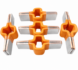 Overmolded copper busbar connector featuring stacked copper conductors, flat metallic contact ends, and an orange insulating body. Designed for electrical connections in battery assemblies, with custom configurations for OEM integration.