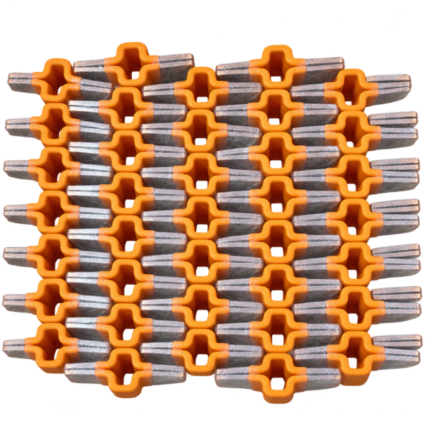 Overmolded copper busbar connector featuring stacked copper conductors, flat metallic contact ends, and an orange insulating body. Designed for electrical connections in battery assemblies, with custom configurations for OEM integration. Overmolded copper busbar connector featuring stacked copper conductors, flat metallic contact ends, and an orange insulating body. Designed for electrical connections in battery assemblies, with custom configurations for OEM integration.